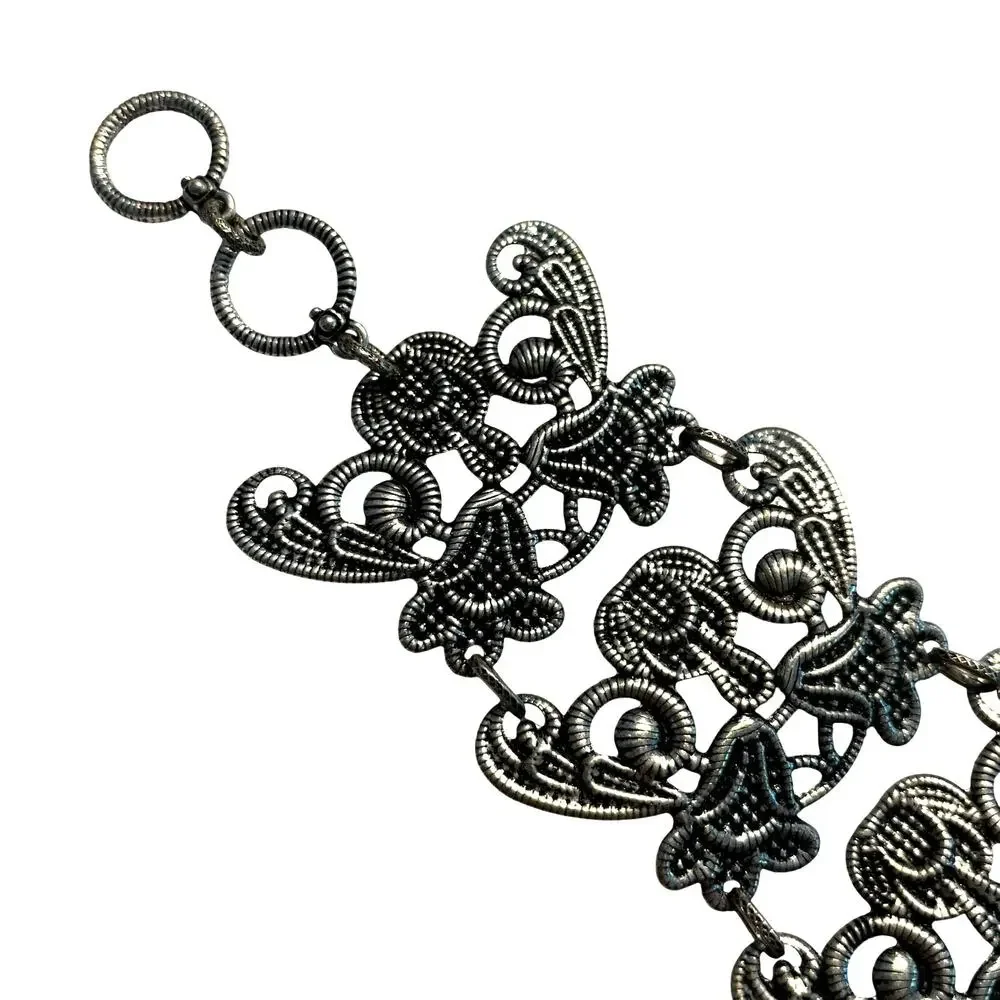 Vintage Premier Designs Wide Silver Panel Chain Bracelet textured ornate Boho